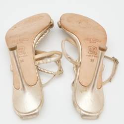 Jimmy Choo Metallic Gold Leather Leather Snake Embossed Ankle Strap Sandals Size 38