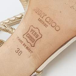 Jimmy Choo Metallic Gold Leather Leather Snake Embossed Ankle Strap Sandals Size 38