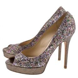 Jimmy Choo Multicolor Glitter Vibe Peep Toe Platform Pumps Size 38.5