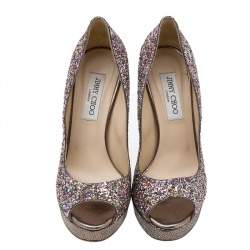 Jimmy Choo Multicolor Glitter Vibe Peep Toe Platform Pumps Size 38.5