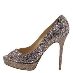 Jimmy Choo Multicolor Glitter Vibe Peep Toe Platform Pumps Size 38.5