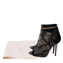 Jimmy Choo Black Snakeskin and Lace Peep Toe Booties Size 37.5