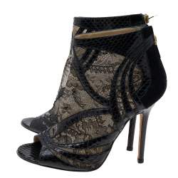 Jimmy Choo Black Snakeskin and Lace Peep Toe Booties Size 37.5