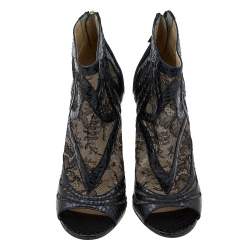 Jimmy Choo Black Snakeskin and Lace Peep Toe Booties Size 37.5