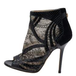 Jimmy Choo Black Snakeskin and Lace Peep Toe Booties Size 37.5