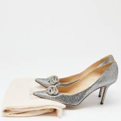 مملوكة مسبقًا حذاء كعب عالي جيمي تشو سامبا غليتر فضي بفيونكة كريستال مقدمة مدببة مقاس 39