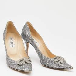 مملوكة مسبقًا حذاء كعب عالي جيمي تشو سامبا غليتر فضي بفيو نكة كريستال مقدمة مدببة مقاس 39