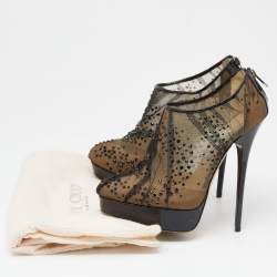 Pre Owned Jimmy Choo Black Mesh Crystal Embellished Platform Booties Size 39