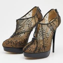 Pre Owned Jimmy Choo Black Mesh Crystal Embellished Platform Booties Size 39