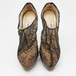 Pre Owned Jimmy Choo Black Mesh Crystal Embellished Platform Booties Size 39