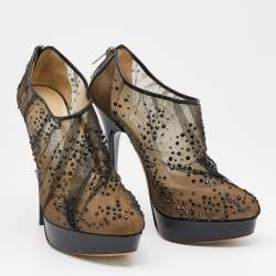 Pre Owned Jimmy Choo Black Mesh Crystal Embellished Platform Booties Size 39