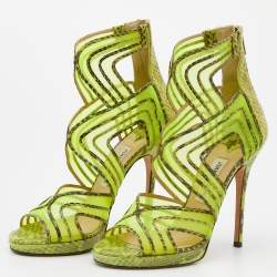 مملوكة مسبقًا صندل جيمي تشو ماغنوم قصة مفرغة شبك وجلد ثعبان أخضر نيون مقاس 39