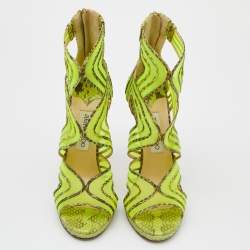مملوكة مسبقًا صندل جيمي تشو ماغنوم قصة مفرغة شبك وجلد ثعبان أخضر نيون مقاس 39