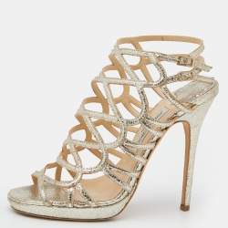 Pre Owned Jimmy Choo Gold Metallic Cracked Leather Zinc Strappy Sandals Size 40