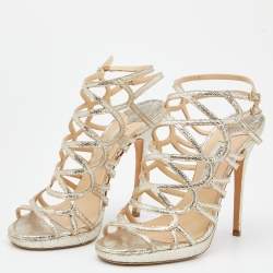 Pre Owned Jimmy Choo Gold Metallic Cracked Leather Zinc Strappy Sandals Size 40