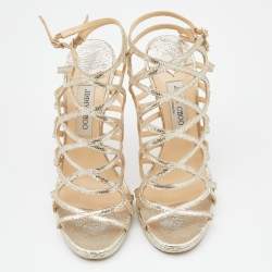 Pre Owned Jimmy Choo Gold Metallic Cracked Leather Zinc Strappy Sandals Size 40