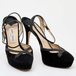 Jimmy Choo Black Suede and Glitter Ankle Strap Platform Sandals Size 39