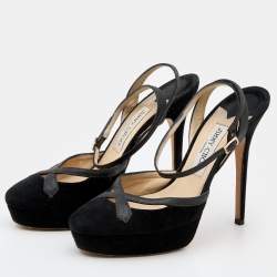 Jimmy Choo Black Suede and Glitter Ankle Strap Platform Sandals Size 39