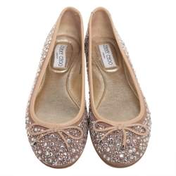 Pre Owned Jimmy Choo Beige Leather Crystal Embellished Ballet Flats Size 38