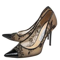 Pre Owned Jimmy Choo Black/Beige Lace And Patent Leather Pointed Toe Pumps Size 38