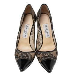Pre Owned Jimmy Choo Black/Beige Lace And Patent Leather Pointed Toe Pumps Size 38