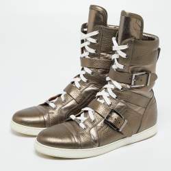 Pre Owned Jimmy Choo Metallic Bronze Leather High Top Sneakers Size 40.5