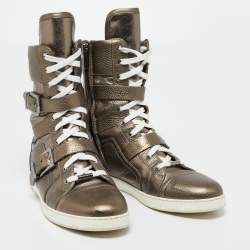 Pre Owned Jimmy Choo Metallic Bronze Leather High Top Sneakers Size 40.5