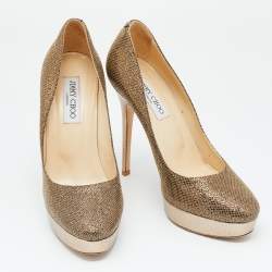 Jimmy Choo Gold Glitter Fabric And Embossed Leather Eros Platform Pumps Size 40