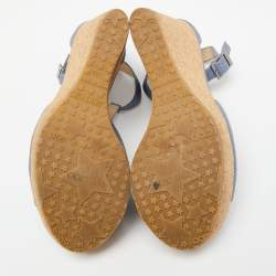 Jimmy Choo Blue Leather Cork Wedge Platform Slingback Sandals Size 38.5