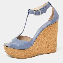Jimmy Choo Blue Leather Cork Wedge Platform Slingback Sandals Size 38.5