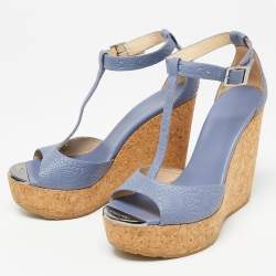 Jimmy Choo Blue Leather Cork Wedge Platform Slingback Sandals Size 38.5