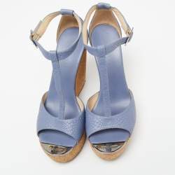 Jimmy Choo Blue Leather Cork Wedge Platform Slingback Sandals Size 38.5