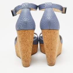 Jimmy Choo Blue Leather Cork Wedge Platform Slingback Sandals Size 38.5