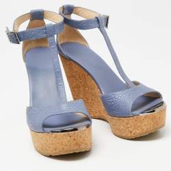 Jimmy Choo Blue Leather Cork Wedge Platform Slingback Sandals Size 38.5