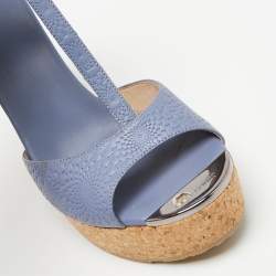 Jimmy Choo Blue Leather Cork Wedge Platform Slingback Sandals Size 38.5