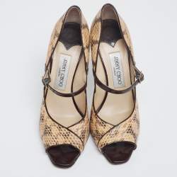 Jimmy Choo Beige/Black Python Leather Mary Jane Peep Toe Pumps Size 38.5