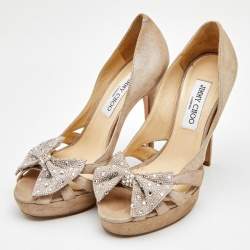 Jimmy Choo Beige Suede Talva Crystal Embellished Bow Peep Toe Platform Pumps Size 37