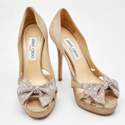 Jimmy Choo Beige Suede Talva Crystal Embellished Bow Peep Toe Platform Pumps Size 37