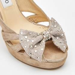 Jimmy Choo Beige Suede Talva Crystal Embellished Bow Peep Toe Platform Pumps Size 37