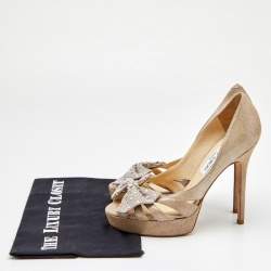 Jimmy Choo Beige Suede Talva Crystal Embellished Bow Peep Toe Platform Pumps Size 37