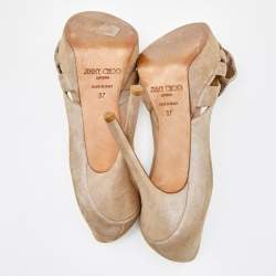 Jimmy Choo Beige Suede Talva Crystal Embellished Bow Peep Toe Platform Pumps Size 37