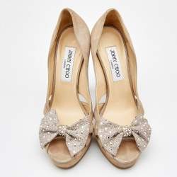 Jimmy Choo Beige Suede Talva Crystal Embellished Bow Peep Toe Platform Pumps Size 37