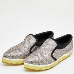 Pre Owned Jimmy Choo Metallic/Black Glitters and Suede Smoking Slippers Size 37.5