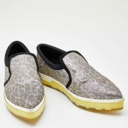 Pre Owned Jimmy Choo Metallic/Black Glitters and Suede Smoking Slippers Size 37.5