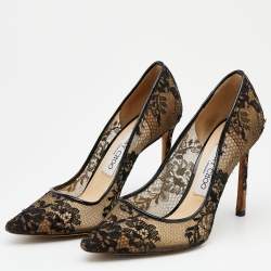 Pre Owned حذاء كعب عالي جيمي تشو جلد لامع ودانتيل خشن أسود مقدمة مدببة مقاس 36