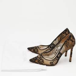 Pre Owned حذاء كعب عالي جيمي تشو جلد لامع ودانتيل خشن أسود مقدمة مدببة مقاس 36