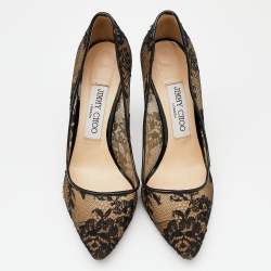 Pre Owned حذاء كعب عالي جيمي تشو جلد لامع ودانتيل خشن أسود مقدمة مدببة مقاس 36