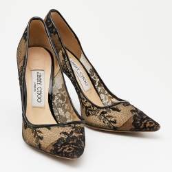 Pre Owned حذاء كعب عالي جيمي تشو جلد لامع ودانتيل خشن أسود مقدمة مدببة مقاس 36