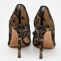 Pre Owned حذاء كعب عالي جيمي تشو جلد لامع ودانتيل خشن أسود مقدمة مدببة مقاس 36