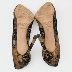 Pre Owned حذاء كعب عالي جيمي تشو جلد لامع ودانتيل خشن أسود مقدمة مدببة مقاس 36